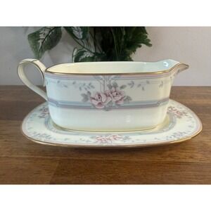 Noritake Magnificence Gravy Boat Underplate Bone China Japan Pink Roses Gold Tr